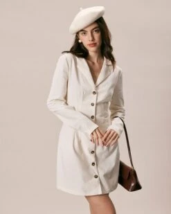 The Beige Lapel Button A Line Mini Dress -Outlet Dress Mix Up Store the lapel button up long sleeve dress dresses drxbjv