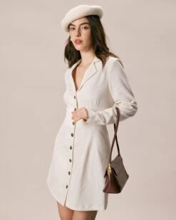 The Beige Lapel Button A Line Mini Dress -Outlet Dress Mix Up Store the lapel button up long sleeve dress dresses qocrys