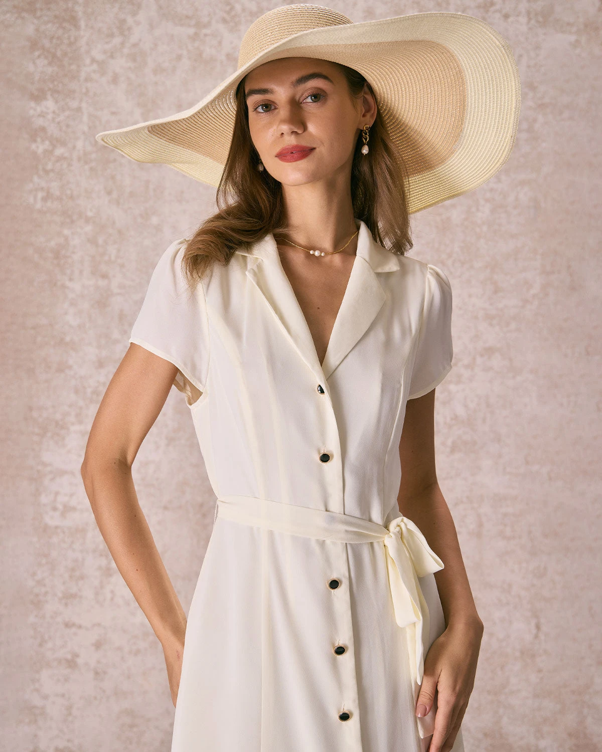 The Beige Lapel Collar Belted Shirt Midi Dress 2 The Beige Lapel Collar Belted Shirt Midi Dress - Image 2
