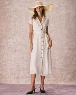 The Beige Lapel Collar Belted Shirt Midi Dress 12 The Beige Lapel Collar Belted Shirt Midi Dress -Outlet Dress Mix Up Store the lapel collar belted shirt dress dresses jtdmdo