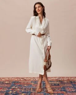 The Beige Lapel Long Sleeve Shirt Midi Dress -Outlet Dress Mix Up Store the lapel long sleeve button dress dresses lbeg2q 993155