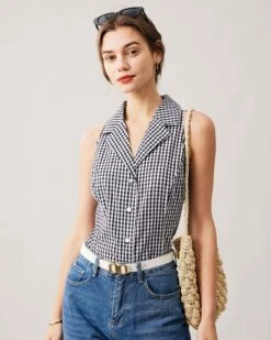 The Collared Button Up Sleeveless Plaid Vest