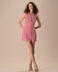The Lapel Plaid Sleeveless Cotton Mini Dress -Outlet Dress Mix Up Store the lapel plaid sleeveless mini dress dresses zlssta