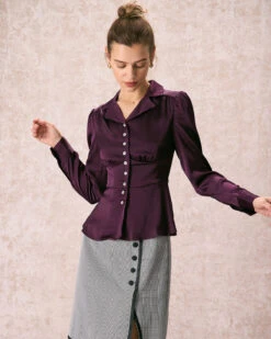 The Wine Red Lapel Puff Sleeve Satin Blouse -Outlet Dress Mix Up Store the lapel puff sleeve satin blouse tops eapsda