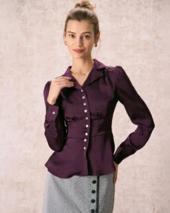 The Wine Red Lapel Puff Sleeve Satin Blouse