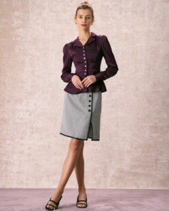 The Wine Red Lapel Puff Sleeve Satin Blouse -Outlet Dress Mix Up Store the lapel puff sleeve satin blouse tops omrfeu