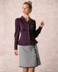 The Wine Red Lapel Puff Sleeve Satin Blouse -Outlet Dress Mix Up Store the lapel puff sleeve satin blouse tops zk7buu