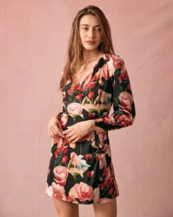 The V Neck Long Sleeve Floral Wrap Mini Dress -Outlet Dress Mix Up Store the large floral print wrap mini dress dresses fa3dxx 122202