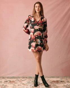 The V Neck Long Sleeve Floral Wrap Mini Dress -Outlet Dress Mix Up Store the large floral print wrap mini dress dresses igih8w 531108