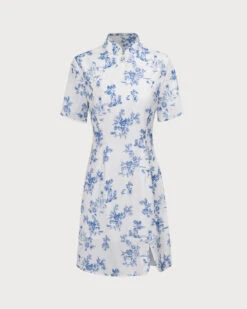 The Blue Mandarin Collar Floral Cheongsam -Outlet Dress Mix Up Store the mandarin collar blue floral cheongsam print dresses cbjmp4