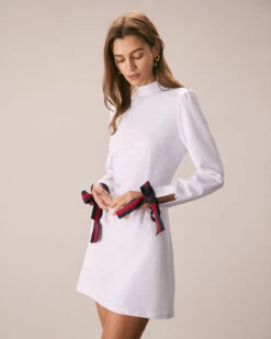 The White Mock Neck Bowknot Cuff Mini Dress -Outlet Dress Mix Up Store the mock neck bowknot cuff dress dresses mn7vof