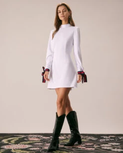 The White Mock Neck Bowknot Cuff Mini Dress -Outlet Dress Mix Up Store the mock neck bowknot cuff dress dresses tukuj8