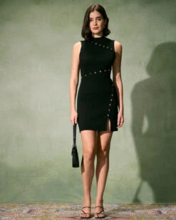 The Black Mock Neck Button Sweater Mini Dress -Outlet Dress Mix Up Store the mock neck button sweater dress dresses c7okxw