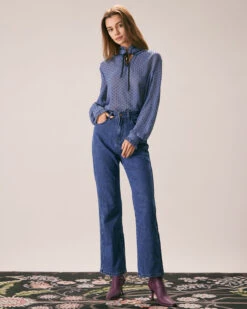 The Blue Mock Neck Dobby Mesh Blouse -Outlet Dress Mix Up Store the mock neck dobby mesh blouse tops ttgosy