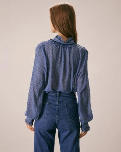 The Blue Mock Neck Dobby Mesh Blouse -Outlet Dress Mix Up Store the mock neck dobby mesh blouse tops vsgeak