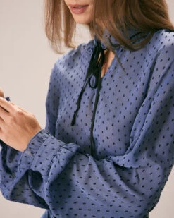 The Blue Mock Neck Dobby Mesh Blouse -Outlet Dress Mix Up Store the mock neck dobby mesh blouse tops xeva1r