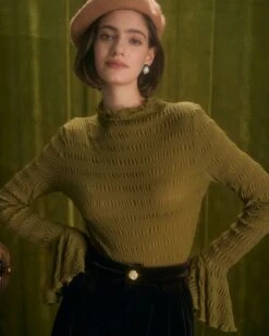 The Green Mock Neck Flare Sleeve Tee