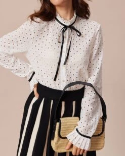 The White Mock Neck Polka Dot Cutout Blouse -Outlet Dress Mix Up Store the mock neck ruffle trim blouse tops rp3k2z 373370