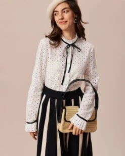 The White Mock Neck Polka Dot Cutout Blouse