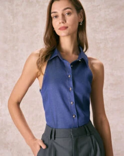 The Navy Button Front Sleeveless Shirt