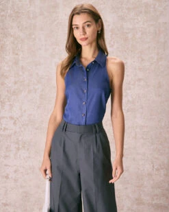 The Navy Button Front Sleeveless Shirt -Outlet Dress Mix Up Store the navy button front sleeveless shirt tops xzcnvx