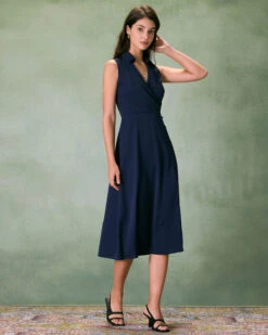 The Navy Collared Ruched Sleeveless Midi Dress -Outlet Dress Mix Up Store the navy collared ruched midi dress dresses euytbj