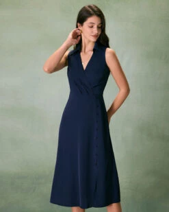 The Navy Collared Ruched Sleeveless Midi Dress -Outlet Dress Mix Up Store the navy collared ruched midi dress navy dresses fwchlw
