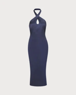 The Navy Cut-Out Satin Halter Midi Dress -Outlet Dress Mix Up Store the navy cut out satin midi dress navy dresses 9blkeo