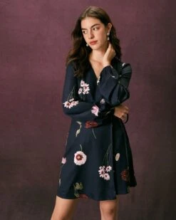 The Navy V Neck Floral Tie Wrap Mini Dress -Outlet Dress Mix Up Store the navy floral wrap mini dress dresses nzc70w 380703