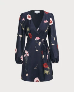 The Navy V Neck Floral Tie Wrap Mini Dress -Outlet Dress Mix Up Store the navy floral wrap mini dress dresses swqoya
