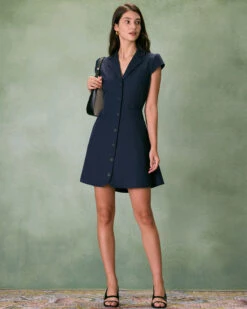 The Navy Lapel Cap Sleeve Button-up Mini Dress -Outlet Dress Mix Up Store the navy lapel cap sleeve mini dress dresses loww4b