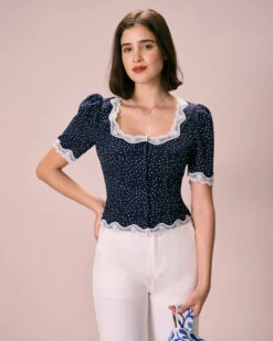The Navy Polka Dot Lace Puff Sleeve Blouse -Outlet Dress Mix Up Store the navy polka dot lace blouse tops qphdfu