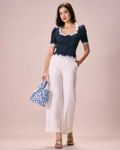 The Navy Polka Dot Lace Puff Sleeve Blouse -Outlet Dress Mix Up Store the navy polka dot lace blouse tops xfyc4b