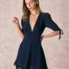 The Navy Deep V Neck Half Sleeve Mini Dress