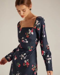 The Navy Square Neck Floral Shirred Midi Dress -Outlet Dress Mix Up Store the navy square neck floral dress dresses bpb3qh