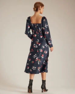 The Navy Square Neck Floral Shirred Midi Dress -Outlet Dress Mix Up Store the navy square neck floral dress dresses uehuax