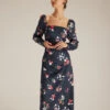 The Navy Square Neck Floral Shirred Midi Dress