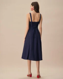 The Navy Square Neck Ruched Slip Midi Dress -Outlet Dress Mix Up Store the navy square neck ruched solid midi dress dresses ewl33f