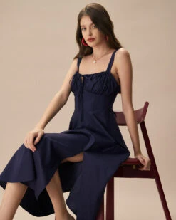 The Navy Square Neck Ruched Slip Midi Dress -Outlet Dress Mix Up Store the navy square neck ruched solid midi dress dresses relcdu