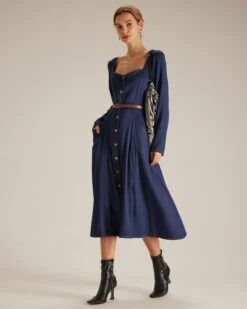 The Navy Sweetheart Neck Button Midi Dress -Outlet Dress Mix Up Store the navy sweetheart neck single breasted midi dress dresses 7fmwzo