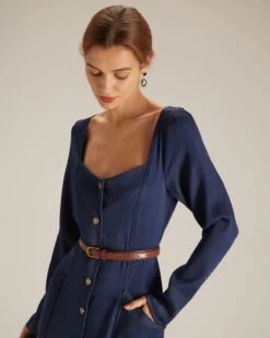 The Navy Sweetheart Neck Button Midi Dress -Outlet Dress Mix Up Store the navy sweetheart neck single breasted midi dress dresses bmdni3