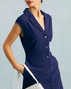 The Navy V Neck Button Cap Sleeve Midi Dress -Outlet Dress Mix Up Store the navy v neck cap sleeve midi dress dresses aq0g12 385885