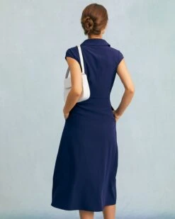 The Navy V Neck Button Cap Sleeve Midi Dress -Outlet Dress Mix Up Store the navy v neck cap sleeve midi dress dresses kkvqxd 183342