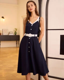 The Navy V Neck Colorblock Belted Midi Dress -Outlet Dress Mix Up Store the navy v neck colorblock midi dress dresses 8lotmj