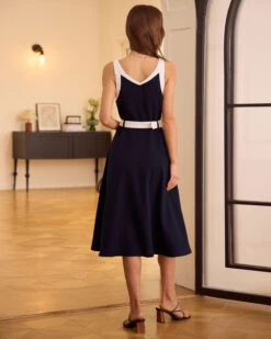 The Navy V Neck Colorblock Belted Midi Dress -Outlet Dress Mix Up Store the navy v neck colorblock midi dress dresses mvpdri