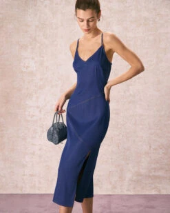 The Navy V-Neck Side Split Slip Midi Dress -Outlet Dress Mix Up Store the navy v neck side split midi dress dresses 3kvnze