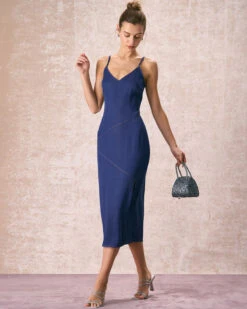 The Navy V-Neck Side Split Slip Midi Dress -Outlet Dress Mix Up Store the navy v neck side split midi dress dresses fm9nne