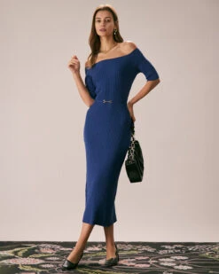 The Navy Off The Shoulder Sweater Midi Dress -Outlet Dress Mix Up Store the off the shoulder sweater dress dresses dae8rm