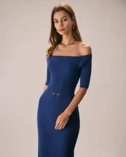 The Navy Off The Shoulder Sweater Midi Dress -Outlet Dress Mix Up Store the off the shoulder sweater dress dresses mxjyzz