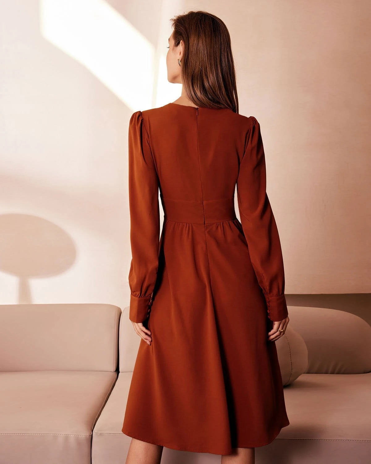 The Orange V Neck Pleated Button Midi Dress 5 The Orange V Neck Pleated Button Midi Dress - Image 5